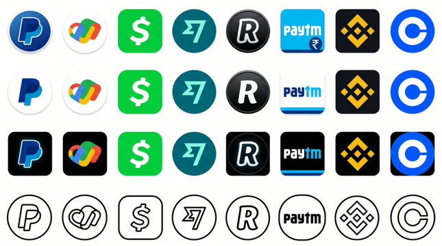 Financial and payment app icons logo set collection including PayPal, Binance, Coinbase, Wise, Cash App, Revolut, Paytm, and Google Pay wallet. Social media UI UX design elements for mobile app icons