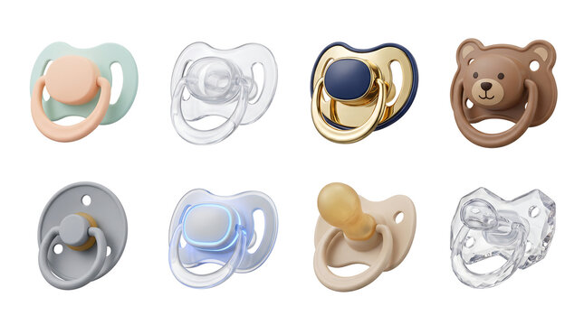 Set of 8 diverse baby pacifiers and soothers isolated on white background featuring luxury, bear, and modern styles for infant care catalogs, e-commerce, and parenting blogs.
