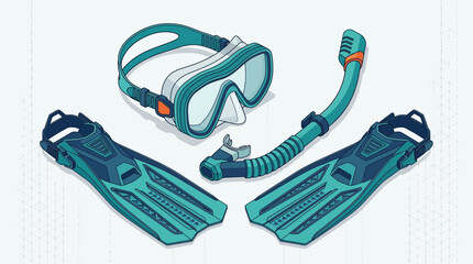 Isometric Illustration of Scuba Diving and Snorkeling Gear Set with Mask, Fins, and Snorkel © Dian