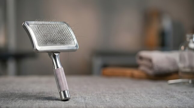 Grooming slicker brush with fur on a table for professional animal care