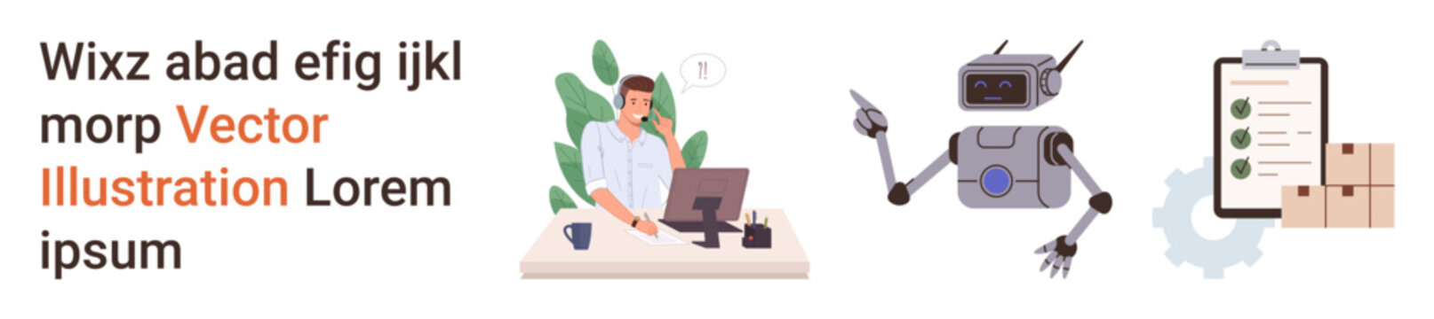 Workplace automation, tasks delegation, AI integration, logistics planning, technology-driven workflow, efficiency. Office worker at desk, a robot checklist and packages. Workplace automation