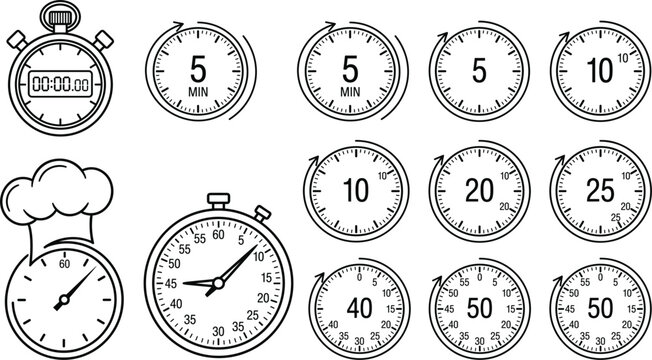 Kitchen cooking timer icon set with stopwatch chef hat and minutes countdown indicators for culinary recipe timing