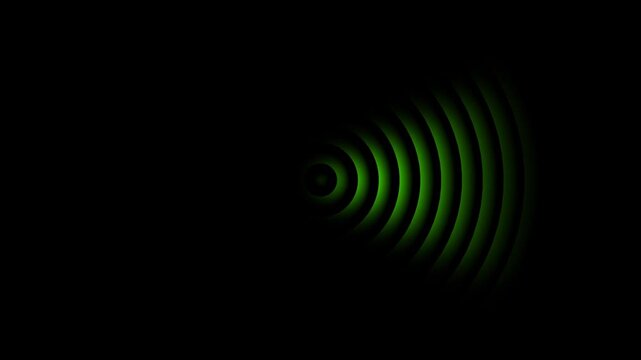 Green radio waves pulsing signal animation on black background, digital communication concept pulse frequency