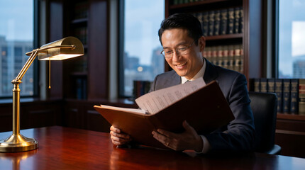 Fototapeta premium Confident Asian Businessman Reading Documents in a Modern Office with City View