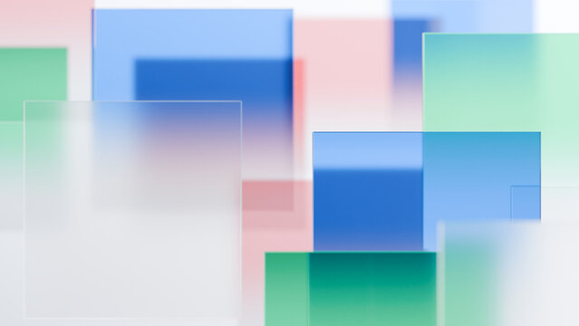 Geometric abstract background with layered transparent square shape and blue green pink pastel color