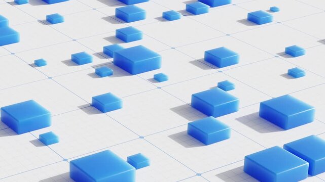 Blue block cubes pattern on white grid background with geometric layout, clean digital design, seamless looping animation, 3d rendering