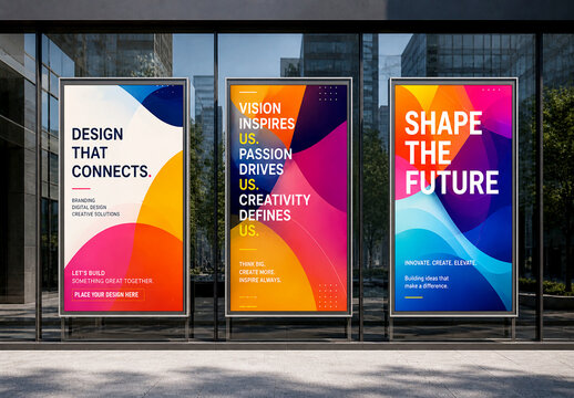 Three Vertical Billboard Mockups on Modern Building Glass Exterior