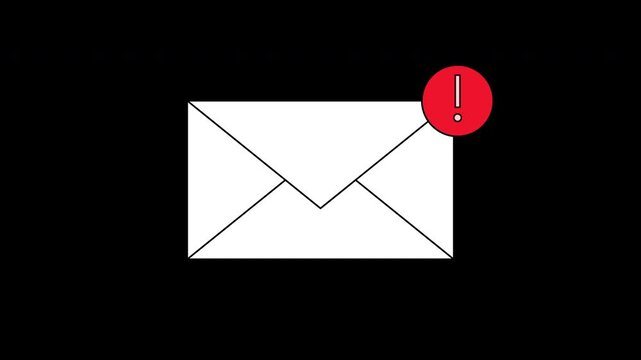 Minimal email notification icon animation with alert badge popping up on black background. Clean loop motion graphic for message alert, inbox notification, communication, and UI concept.