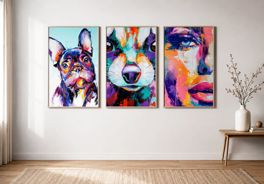 Three Vertical Poster Frame Mockups on White Wall in Modern Living Room