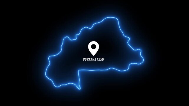 Burkina faso map outline with glowing neon border and location pin marker animation