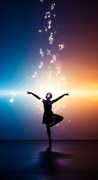 Graceful silhouette dancer with glowing music notes ascending