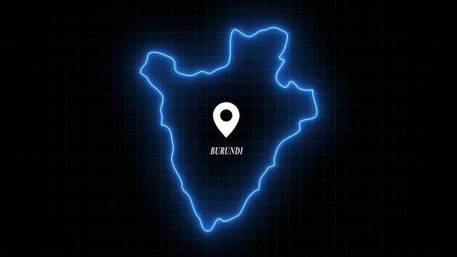 Burundi map outline with glowing neon border and location pin marker animation