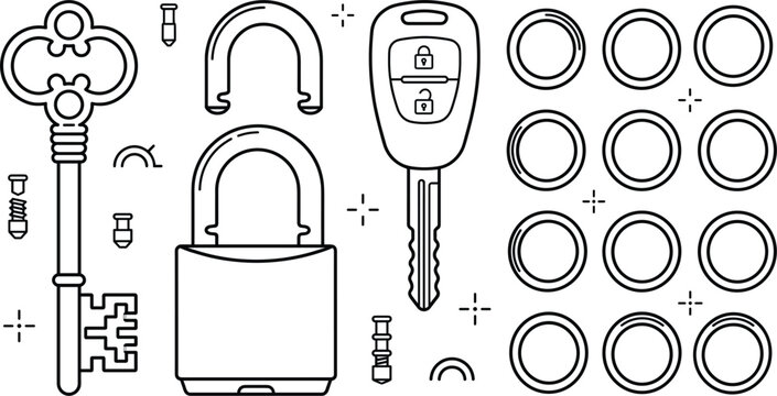 Locksmith security icon set with vintage skeleton key padlock remote car fob metal rings shackle hardware mechanism pins