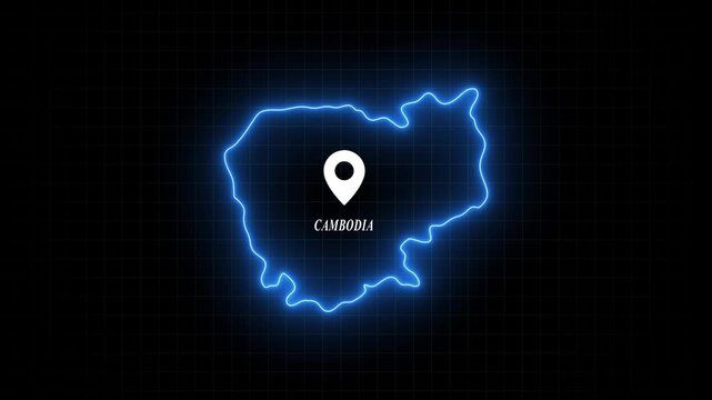 Cambodia map outline with glowing neon effect and location pin marker on digital grid background