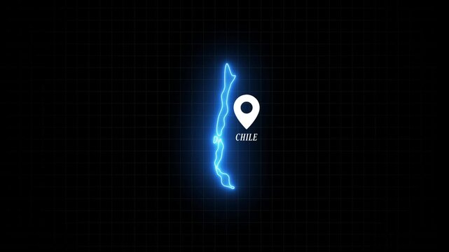 Neon glowing map of chile with location pin marker, digital technology concept, south america country geography infographic