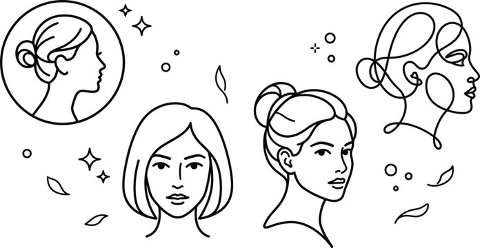 Minimalist women beauty portrait icon set with continuous line art female faces cosmetics fashion and skincare salon vectors