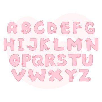 Pink coquette font handwritten hand draw abc alphabet letters with ribbon accent