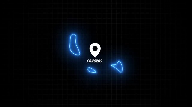 Comoros map digital animation with glowing neon borders and location pin marker, futuristic technology style infographic for travel and geography presentations