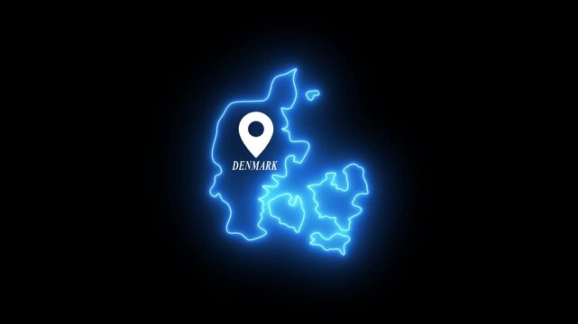 Glowing neon map of denmark with location pin marker, digital travel concept, isolated on black background