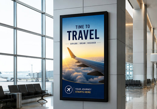 Vertical Digital Signage Mockup on Pillar in Airport Terminal with Travel Advertisement Poster