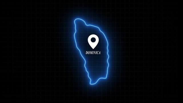Dominica map outline with glowing neon effect and location pin marker on digital grid background island