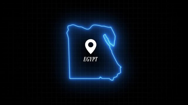 Egypt map outline with glowing neon border and location pin marker digital animation