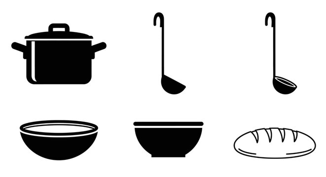 Kitchen utensils vector set with cooking tools and kitchenware icons including spoon fork knife pot pan cup bowl and restaurant cooking symbols