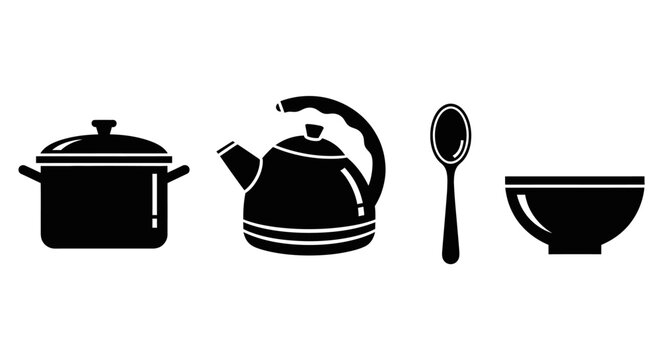 Vector illustration of a woman silhouette with broom in a kitchen utensils and cooking equipment set