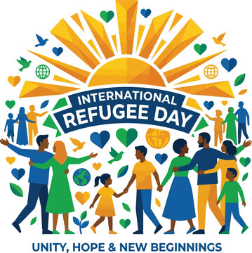 Let's commemorate International Refugee Day with visuals representing unity, hope, and fresh starts, depicted with colorful figures, hearts, flora, and a sunburst, signifying support and warmth