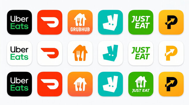 Popular food delivery service app icons logo set. Uber Eats, DoorDash, Grubhub, Deliveroo, Just Eat, Postmates branding. Mobile user interface UI design elements for online meal ordering services.