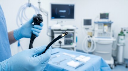 Fototapeta premium Medical professional holding gastroscope in sterile clinical procedure room