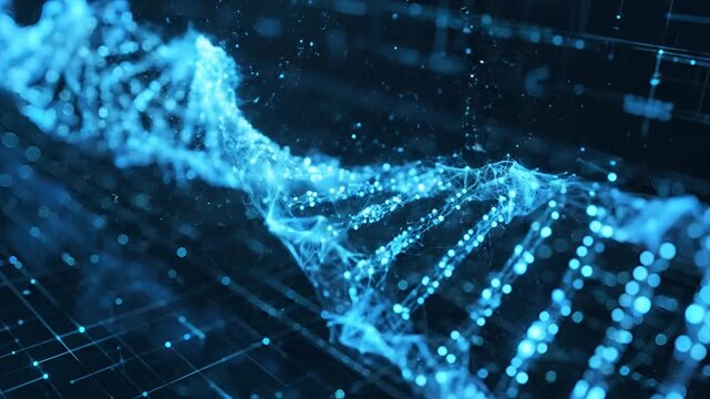 Abstract Blue DNA Helix Structure Glowing with Digital Connections.
