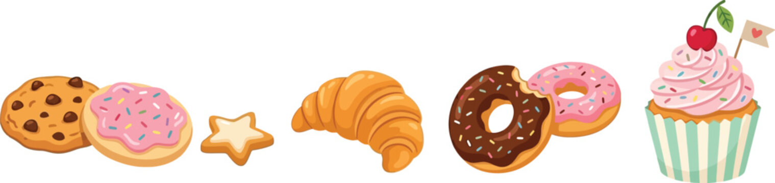 Colorful vector illustration of sweet bakery items including chocolate chip cookie, donuts, croissant, star cookie and cupcake with cherry, perfect for food and dessert concept.