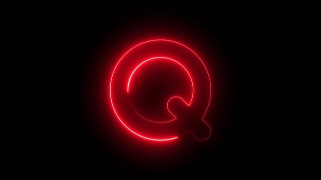 Glowing neon letter q animation with red light effect on black background, alphabet typography