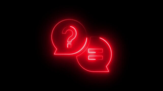 Neon red speech bubbles with question mark and text lines, glowing communication concept animation chat