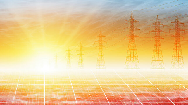 Solar panel grid and transmission tower silhouette at sunrise with warm light and optimistic energy atmosphere