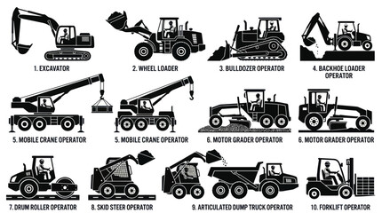 Obraz premium Heavy Construction Machinery and Vehicle Operator Icons
