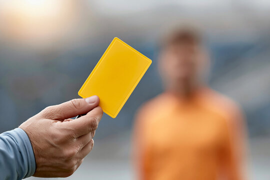 Hand holds yellow card, signaling stop or warning. Blurry athlete in orange stands behind. Scene suggests sports disciplinary moment. Suitable for sports, rule enforcement, or caution visuals