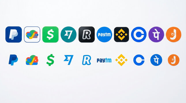 Popular payment and fintech app icons logo set. PayPal, Google Wallet, Cash App, Wise, Revolut, Paytm, Binance, Coinbase, PhonePe, JioPay. Digital banking and cryptocurrency exchange UI symbols.