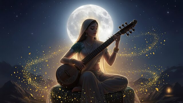 Woman playing sitar under full moon.