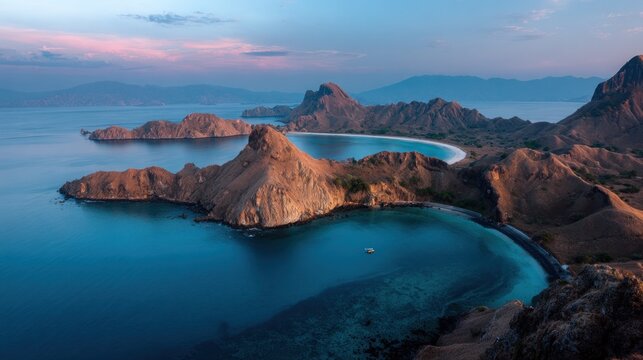 Padar Island's Serene Dawn: Turquoise Waters and Rugged Hills
