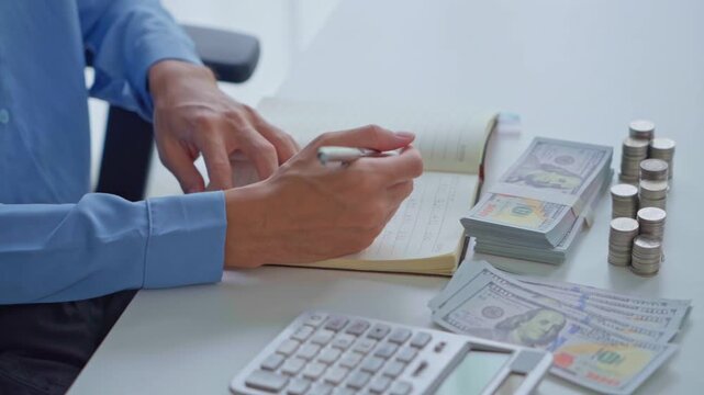 Asian businessman writing on notebook with stacking coin on table money management concept