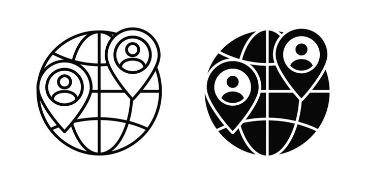 Global user location icon set World map with people pins
