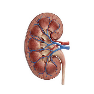 3D Medical Illustration of Human Kidney Anatomy with Blood Vessels and Ureter