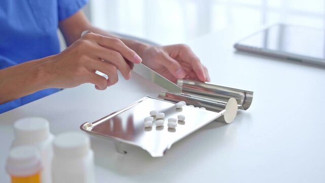 Pharmacist using equipment to dispense medication