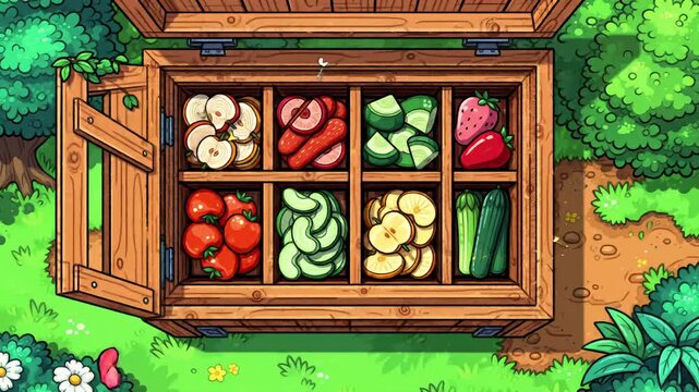 Open wooden produce box filled with fresh sliced fruits and vegetables in a cartoon style