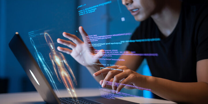 Woman interacting with virtual interface on laptop screen with coding elements floating above keyboard