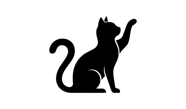 Modern sitting black cat silhouette vector illustration with raised paw isolated on white