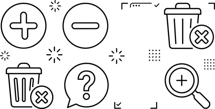 User interface buttons icon set with plus minus delete trash bin magnifying glass zoom and question mark bubble