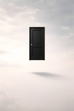 Mysterious black door floating in the cloudy sky concept of opportunity